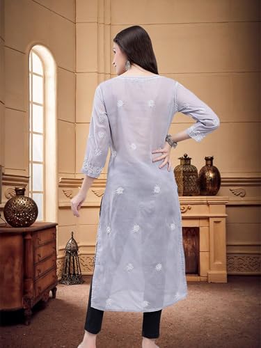 Image of Seva Chikan Hand Embroidered Lucknowi Chikankari Terivoil Cotton Regular Fit Straight Kurta for Women SCL4351