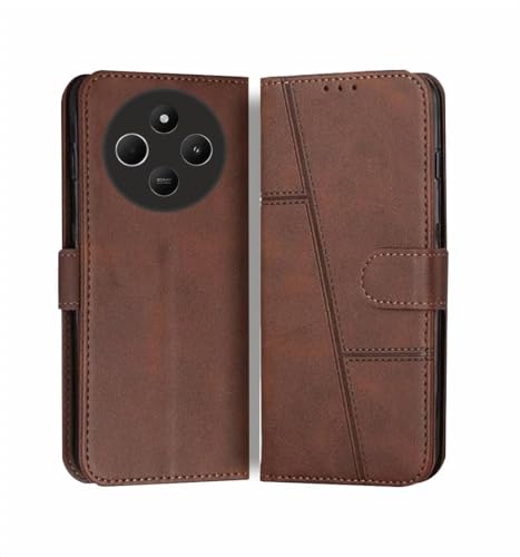 Image of Compatible for Poco M7 5G / Redmi 14C 5G / Redmi A4 5G / Poco C75 5G Flip Cover Leather Finish | Inside TPU with Card Pockets | Wallet Stand | Complete Protection Flip Case Brown