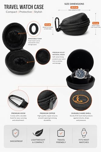Image of Armor-Shell Watch Travel Case - Crush-Resistant Single Watch Box with Scratch-Guard Zipper & Carabiner | Shockproof Portable Organizer for Luxury, Mechanical & Smartwatches Up to 54mm