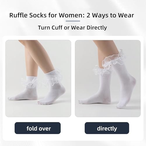 Women Big Ruffle Ankle Socks Adult Double Lace Frilly Socks Fold Cuff Cotton Ruffled Dress Crew Bobby Bride Sock4