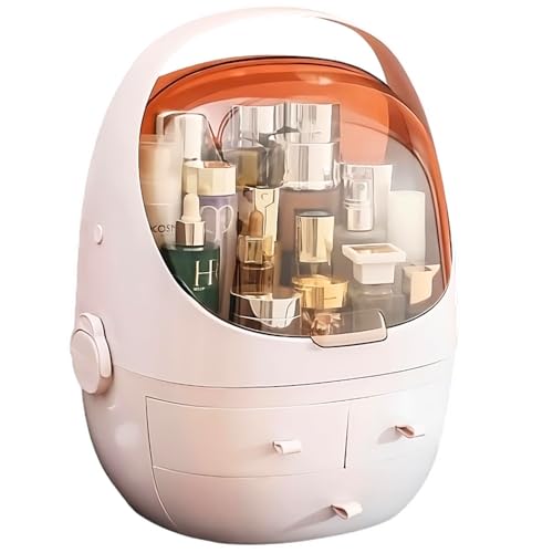 Organizador de maquillaje y cosméticos - Cápsula de almacenamiento portátil, con Tapa protectora abatible por ambos lados - Organizador multifuncional con asa y 3 cajones, Organizador belleza grande