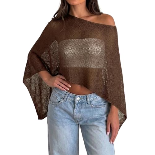 Womens Sheer Poncho Top Y2k Knitted Summer Asymmetrical Mesh Shawl Pullover Sweater Cover Up Tops (Brown One Size)