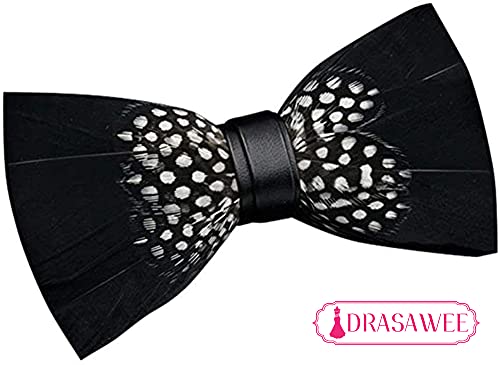 Drasawee Men's Handmade Feather Leather Bowtie Formal Party Bowties Dark Black #TOP4