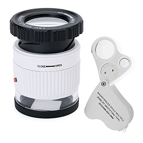 2 Stück Lupe 30x und 60x Juwelierlupe mit LED-Licht, 30x Lupe mit 3 UV-Licht und 3 LED Licht für Schmuck, Edelsteine, Steine, Briefmarken, Münzen, Uhren und Antiquitäten