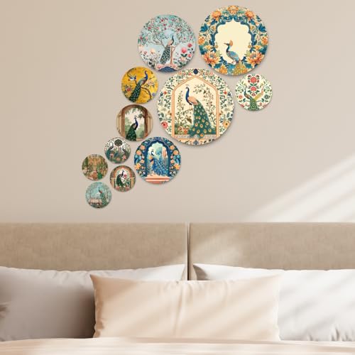 Image of RADIQORE Set of 11 Designer MDF Wooden Wall Hanging for Home Decoration | Office | Gift | Wall Decor Hanging Items | Wall Art | Living Room | Bedroom (peacock)