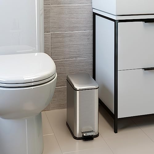 Image of iTouchless SoftStep 1.3 Gallon Small Slim Bathroom Trash Can with Removable Inner Bucket & AbsorbX Odor Filter, Stainless Steel, 5 Liter Garbage Step Bin, Bathroom, Bedroom, Business Office Cubicle