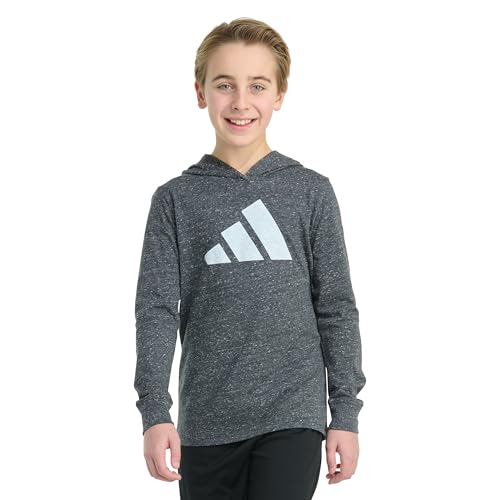 Adidas Boys Long Sleeve Hooded Snow Heather Tee, Caviar Snow Heather, S (8) by adidas - Used condition - US$19.20