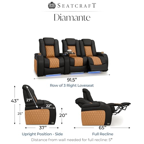 Image of Seatcraft Diamante Black /Tan Oak Italian Leather Home Theater Seating, Zero Gravity Power Recliner, Gaming and Home Office Chair, Powered Headrest Furniture for Cinema Room, Row of 3 Right Loveseats