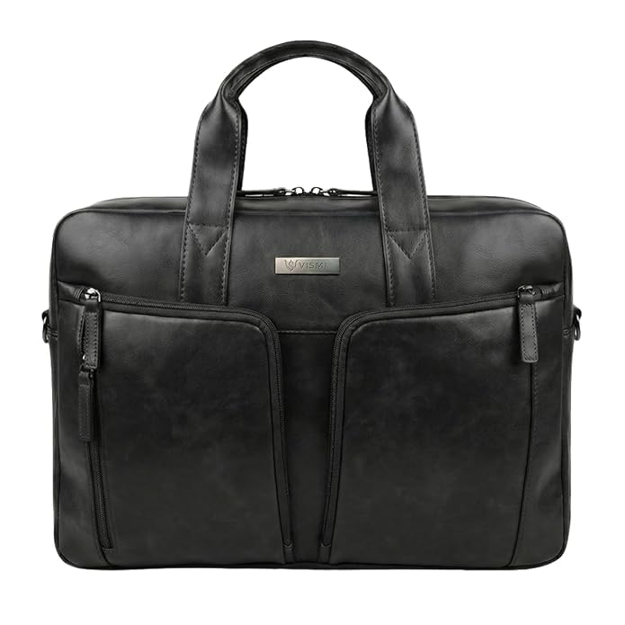 Image of VISMIINTREND Leather Laptop Bags for Men & Women, Office /Travel, Laptop Messenger /Briefcase Bag, Stylish, Fits 13 /14 /15.6 Inch Laptop, Macbook Bag | Corporate Gifts for Men (Orbit Black)