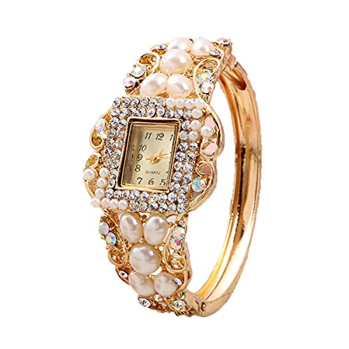 CdyBox Women Pearl Flower Bracelet Watch Square Dial Quartz Bangle Wrist Watch Lady Diamond Jewelry Watches