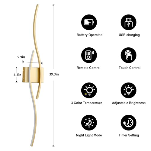 Image of KARTOOSH Wireless Wall Sconces Set of 2, Dimmable LED Sconce with Remote | Battery Operated Wall Sconce with 3 CCT Night-Light Timer Memory Modern Wall Sconces for Living Room, Hallway, Bedroom