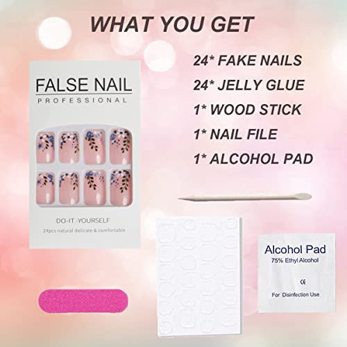 Short Acrylic Fake Nails Oval Press On Nails Nude With Blue Flower Designs False Nails Medium Length Glue On Nails Floral Full Cover Stick On Nails For Women And Girls 24Pcs #TOP6