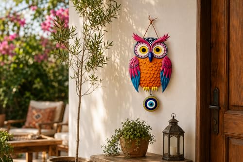 Image of Dakshestry Artworks Owl Wall Hanging with Evil Eye Protection | Handcrafted Colorful Owl Wall Decor for Living Room, Bedroom & Entrance | Good Luck Hanging Decor for Home, Office & Gift | Ready to Hang