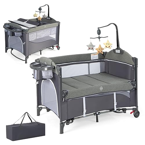 DREAMADE 5 en 1 Lit Parapluie Bébé, 110x76x82CM Lit Cododo avec Matelas,0-9Mois,avec Hauteur Réglable,Bascule 5-10°,Roues avec Freins,Boîte à Musique (Gris)