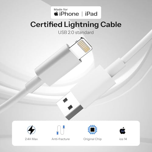 Image of iPhone Original USB to lighting Charger Cable [MFi Certified, 2 YEAR WARRANTY*] Fast PD Charging Cable Compatible for iPhone 14,13, 12,11, X, XS,XR, 8, 7, 6, 5, Plus Pro Max Mini iPad, Macbook - White