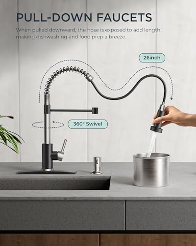 Image of FORIOUS Kitchen Faucet with Pull Down Sprayer, Stainless Steel Commercial Single Handle Classic Spring Pull Out Sink Faucet for Pot Filler, Farmhouse Camper Bar Laundry Room, Black Brushed