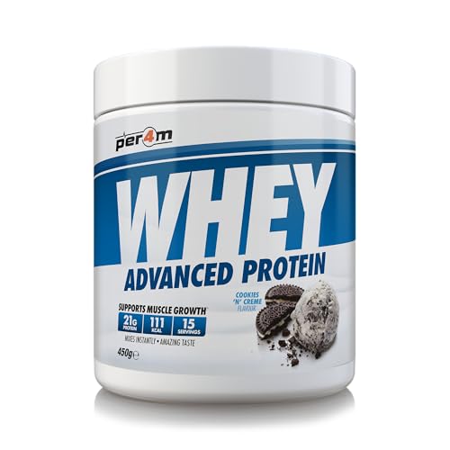 Per4m Whey Protein Powder | High Protein Shake for Muscle Growth & Recovery | Low Sugar Gym Supplement | Sports Nutrition Drink + Amino Acids (450g, Cookies N Creme)