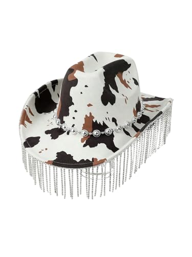 Verdusa Womens Western Tie Dye Rhinestone Fringe Cowboy Hat Beaded Belted Jazz Hat Khaki One-Size
