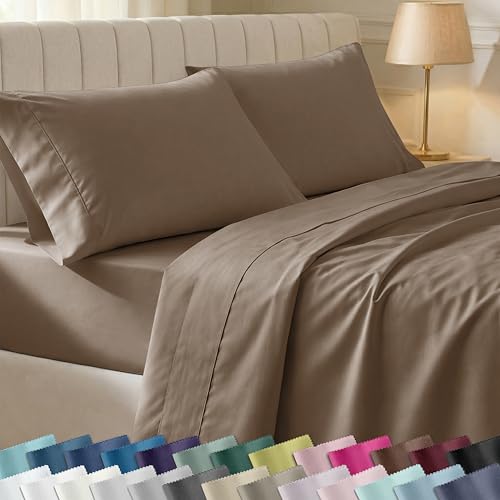 Image of California King Sheets Set - Soft 400 Thread Count Sateen, Natural 100% Cotton California King Sheet Sets Cotton, Deep Pockets, All Around Elastic, Durable Bedding - Mocha