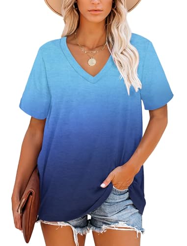MOLERANI T Shirts for Women Tops Short Sleeve V Neck Striped Summer Tops Casual Loose Tee Gradient Blue XL