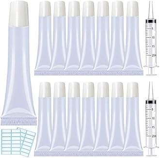 AMORIX 50pcs Lip Gloss Tubes - 15ml White Refillable Cosmetic Squeeze Tubes + 2 x 20ml Syringes and Tags for DIY Lip Gloss Base