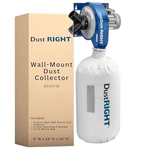 Dust Right Wall Mount Dust Collector – 650 CFM Powerful Air Filtration System – Space Saving Portable Woodworking Tool for Wood Shops, Homes, or More
