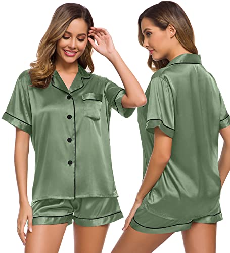 Image of SWOMOG Womens Silk Satin Pajamas Set Short Sleeve Sleepwear Button Down Top and Shorts Loungewear 2 Piece Pjs Set XS-3XL Matcha XXX-Large
