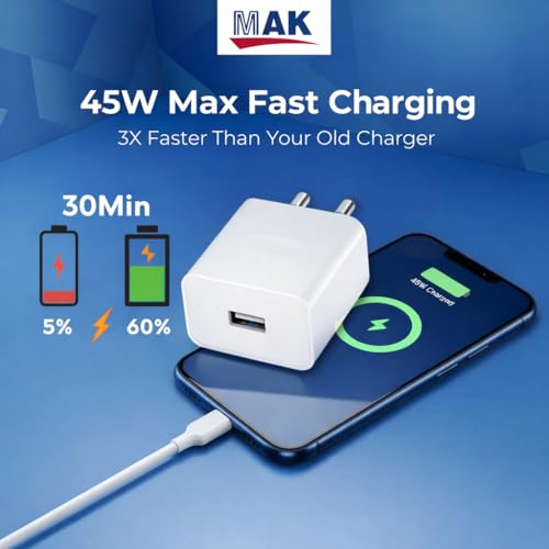 Image of MAK Original 45W SUPERVOOC Fast Charging Adapter, High-Speed Wall Charger Compatible with OnePlus 11, OnePlus Nord CE 3, F21 Pro, and Other USB-C Devices.
