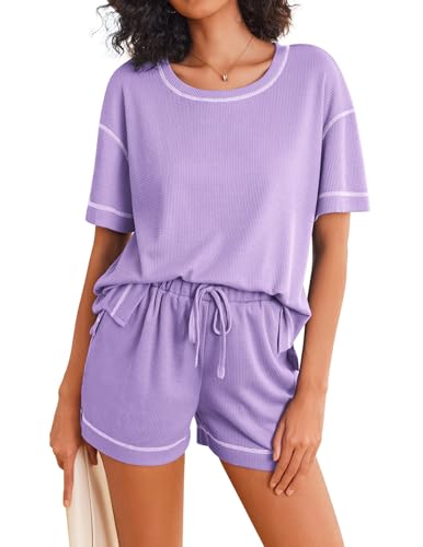 Image of Ekouaer Women's Waffle Knit Two Piece Lounge Set, Soft Matching Outfits for Daily Wear, Casual Shorts Set with Pocket