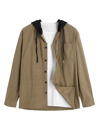 ZAFUL Men's Hooded Flannel Shirts Long Sleeve Casual Fashion Button Shirts Loose Drawstring Shacket for Spring Autumn