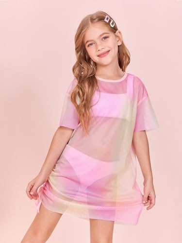 Batermoon Girls Mesh Swim Cover Up Kids Summer Tie Dye Hollow Out Beach Coverup with Drawstring 5-14 Years2