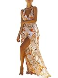 BerryGo Women's Sexy Deep V Neck Backless Floral Print Split Maxi Party Dress