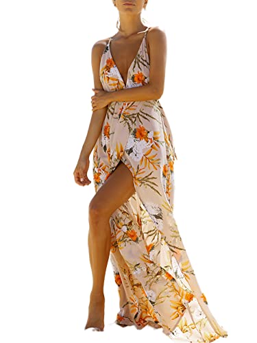 BerryGo Women's Sexy Deep V Neck Backless Floral Print Split Maxi Party Dress S