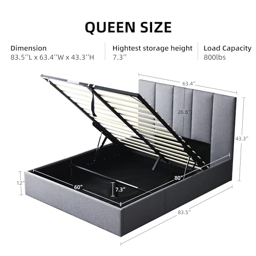 Lift Up Storage Bed Queen Size, Linen Upholstered Platform Bed Frames with Storage Underneath, Soft Modern Bed Frame Strong Hydraulic Lift, No Box Spring Needed, Grey
