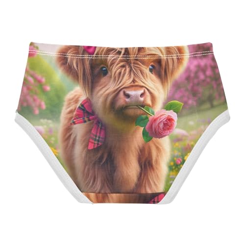 Colorful Flower Highland Cow Kids Underwear, Toddler Girl Panties, Girls Underwear Cotton, 2–8 Years2