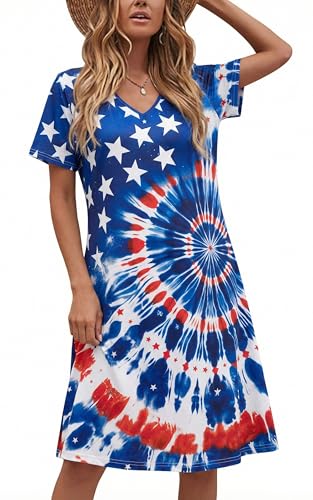 Image of LUKYCILD American Flag Dress Women 4th of July Patriotic Shirt USA Stars Stripes Dresses Sexy V- Neck Summer Sundress