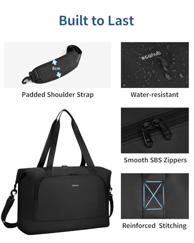 ECOHUB Faltbare Reisetasche Handgepäck, Untersitz Handgepäck Tasche für Flugzeug, Recyceltes PET Weekender Damen Mit Abnehmbar Nass-Tasche, 30L Easyjet handgepäck 45x36x20(Schwarz)