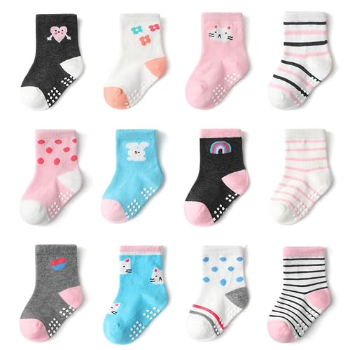 Image of YANWANG 12 Pairs Non-Skid Cotton Socks with Grip for Baby Toddler Boys Girls(KB163-rainbow,1-3 Years