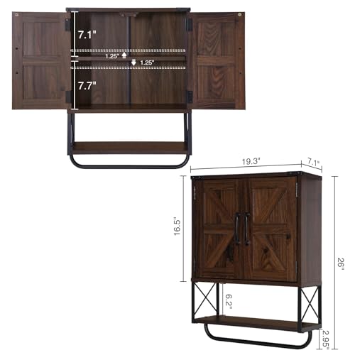 RUSTOWN Farmhouse Medicine Cabinet with 2 Barn Door,Wood Wall Mounted Storage Cabinet with Adjustable Shelf and Towel Bar, 3-Tier Bathroom Cabinet for Bathroom, Living Room(Dark Walnut, Medium)