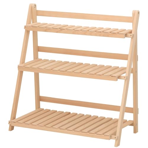 プランターラック 3段 折りたたみ式 プランタースタンド 観葉植物 棚 花台 飾り棚 【日本製 東濃ひのき】 完成品 天然木 Lサイズ 高さ66×幅66×奥行30cm