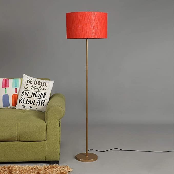 Darkroom Lights Premium Italian Floor Lamp Standing Modern Black Finish 5ft Height Off White Lamp Shade 12 inches Drum Shade for Living Room Corner, Home, Hotel, Office (Round Shade) (Golden, Red)