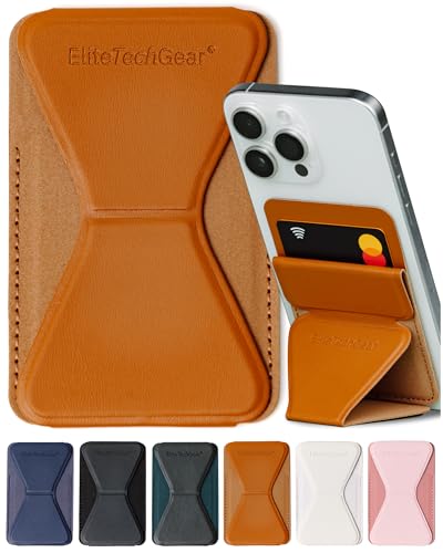 Elite Tech Gear Secure Phone Card Holder with Adjustable Stand - Adhesive Phone Case Wallet for Cards, Leather (Brown)