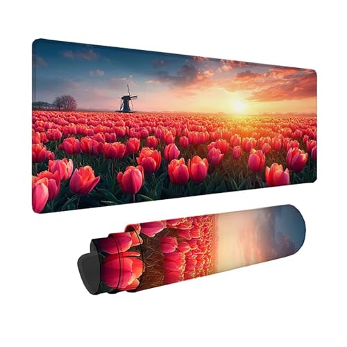 Tapis de souris XXL bords cousus et base caoutchouc motif fleurs coucher de soleil imperméable