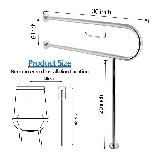 Anatomix Wall Mounted U Shaped Stainless Steel Grab Bar Rails 30 Inch Toilet Handrails Safety Handicapped Toilet & Bathroom Handle Support for Senior Citizen Pack of 1