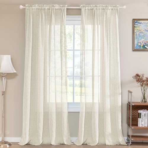 Turquoize White Linen Sheer Curtains Natural Linen Semi Sheer Curtains White 96 Inches Long Light Filtering Burlap Curtain 2 Panels Rod Pocket Window Treatments Drapes, Privacy Assured, Natural