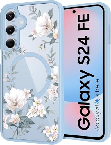 Image of VONZEE Compatible with Samsung Galaxy S24 FE 5G Case Luxury Retro Flowers Floral Clear for Magnetic Wireless Charging Case Shockproof Case PC+TPU Cute Glossy Shiny Cover for Girls Women, Official Blue