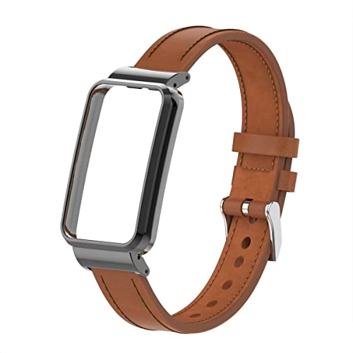 T-BLUER Compatible with Xiaomi Mi Band 7 Pro Strap,Mi Band 7 Pro Leather Replacement Bracelet Band Wristband Accessories with Metal Frame for Xiaomi Mi Smart Band 7 Pro,Brown - Image 4