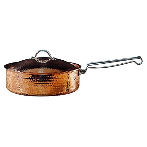 Sertodo Copper Saute Pan with Lid | 3 Qt, 10 in diameter x 3 in deep | Naturally Non-Stick Tin Lining, Pure Copper Body | Patented Handle System | Versitile Saute, Sear, Sauce Pan | Professional Grade Cover