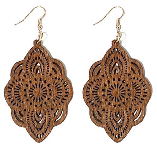 Bohemian Wood Earrings Natural Retro Lightweight Hollow Pattern Geometric Wooden Dangle Drop Earrings Statement Vintage Jewelry (Brown Earrings)