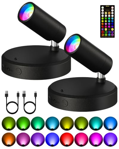 Image of EZVALO RGB Spotlights Indoor with Remote, Wireless 5500mAh Rechargeable Accent Lights, 83 Color Changing & DIY Modes, Mini Spotlight for Plants, Artwork, Display Cabinet, Shelves & Home Decor (2 Pack)